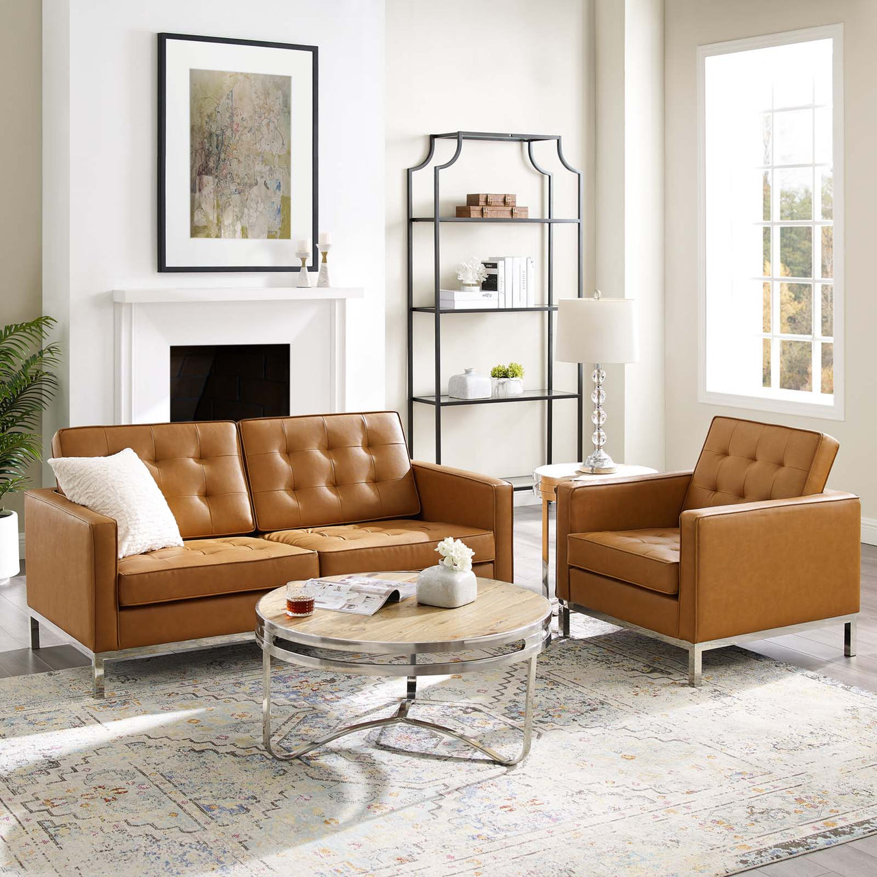 Luma Upholstered Faux Leather Loveseat and Armchair Set, Silver & Tan