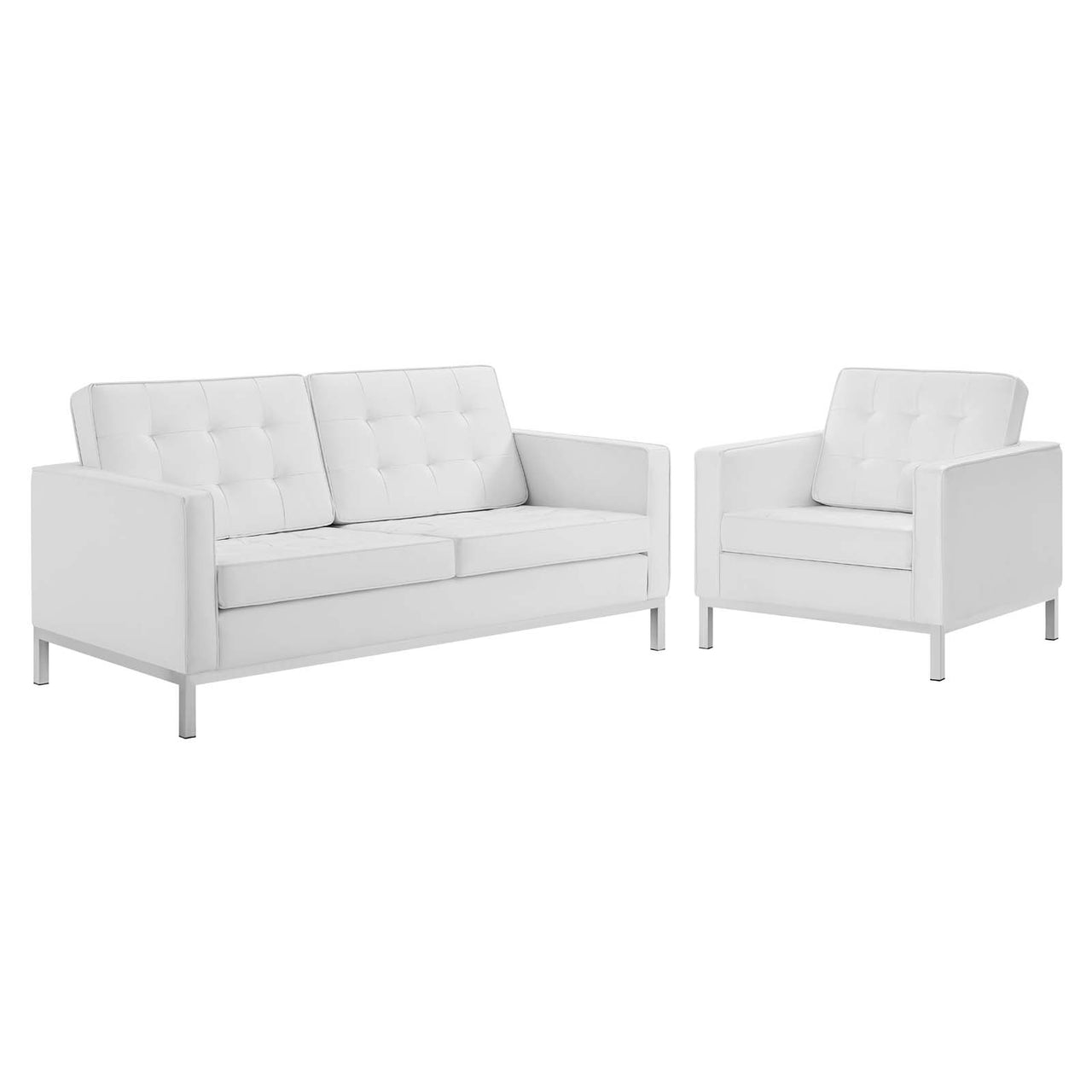 Luma Upholstered Faux Leather Loveseat and Armchair Set, Silver & White