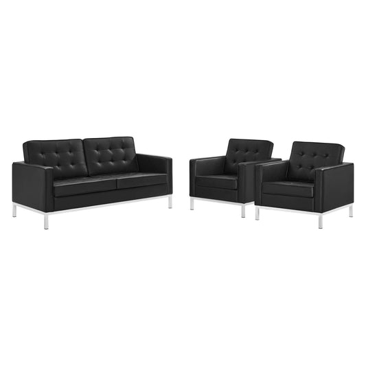 Luma 3-Piece Upholstered Faux Leather Set, Silver & Black