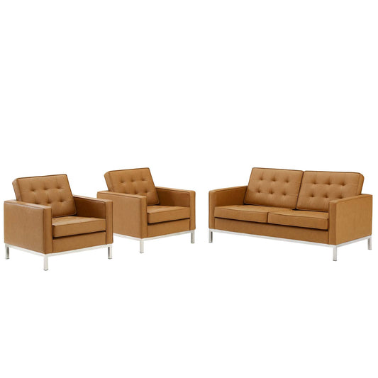 Luma 3-Piece Upholstered Faux Leather Set, Silver & Tan