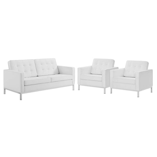 Luma 3-Piece Upholstered Faux Leather Set, Silver & White