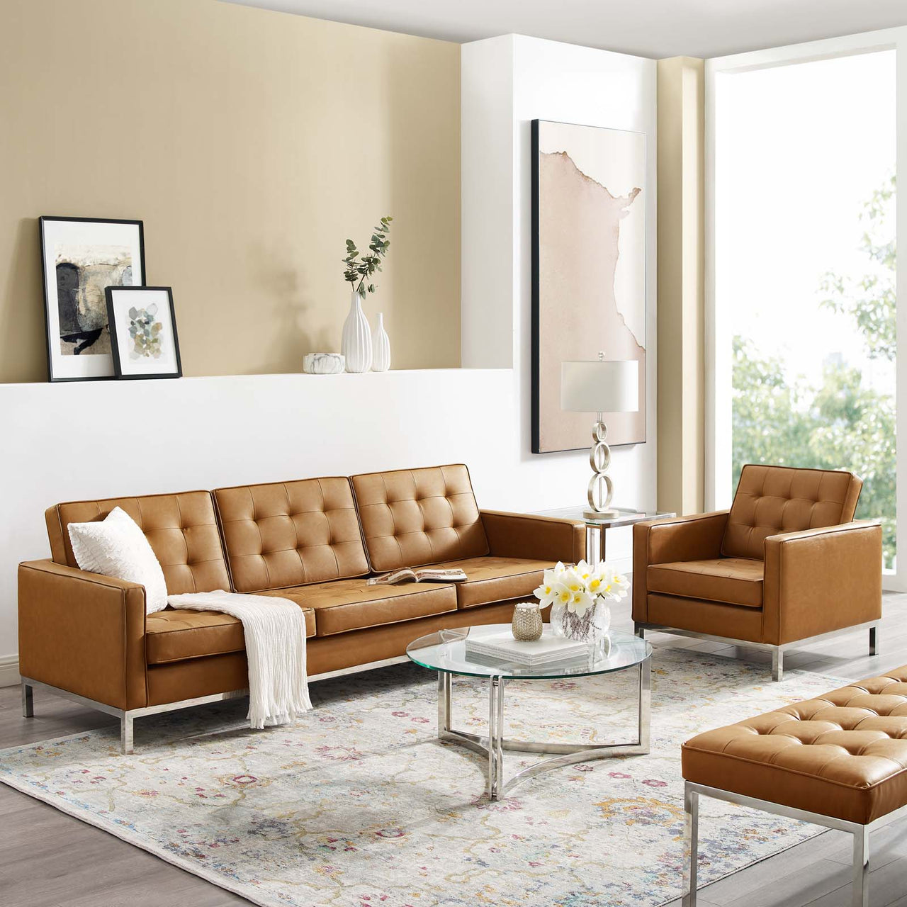 Luma Upholstered Faux Leather Sofa & Armchair Set, Silver & Tan