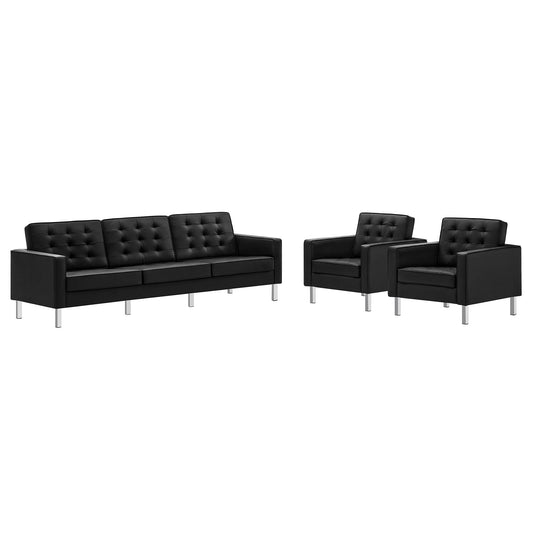 Luma 3-Piece Upholstered Faux Leather Furniture Set, Silver & Black