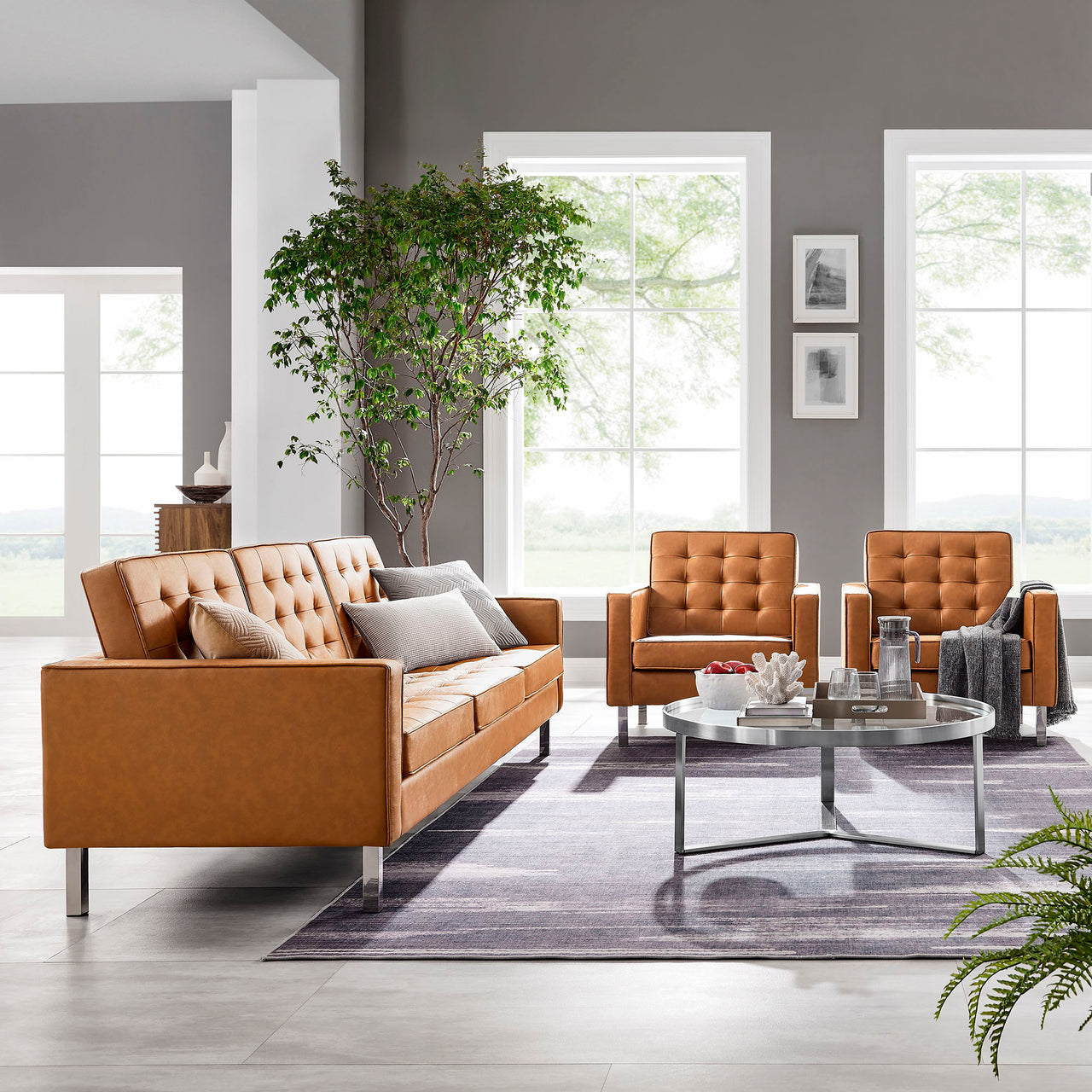 Luma 3-Piece Upholstered Faux Leather Furniture Set, Silver & Tan
