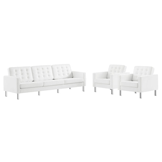 Luma 3-Piece Upholstered Faux Leather Furniture Set, Silver & White