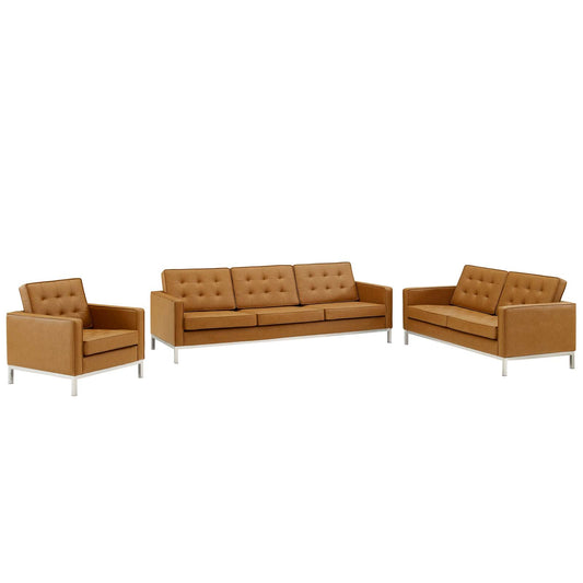 Luma 3-Piece Upholstered Faux Leather Set, Silver & Tan