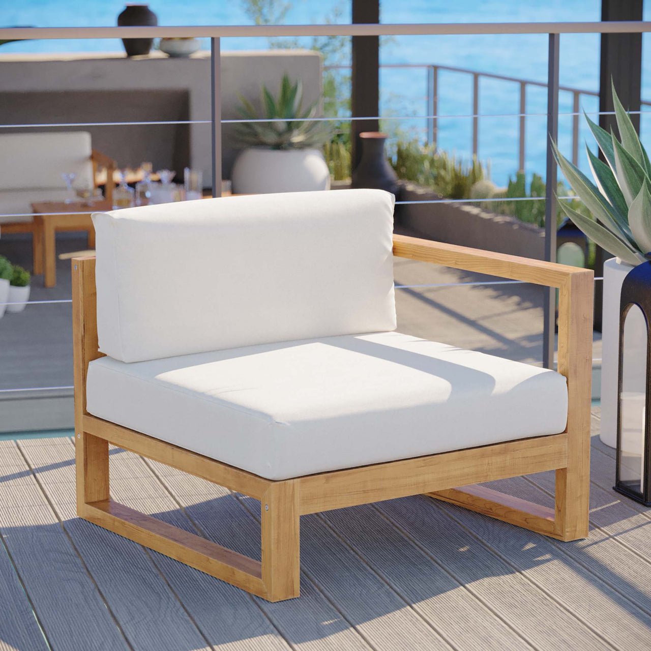 Rizer Alfresco Grade-A Teak Right-Arm Chair | Outdoor Modular Sectional Component, Natural Wood & White