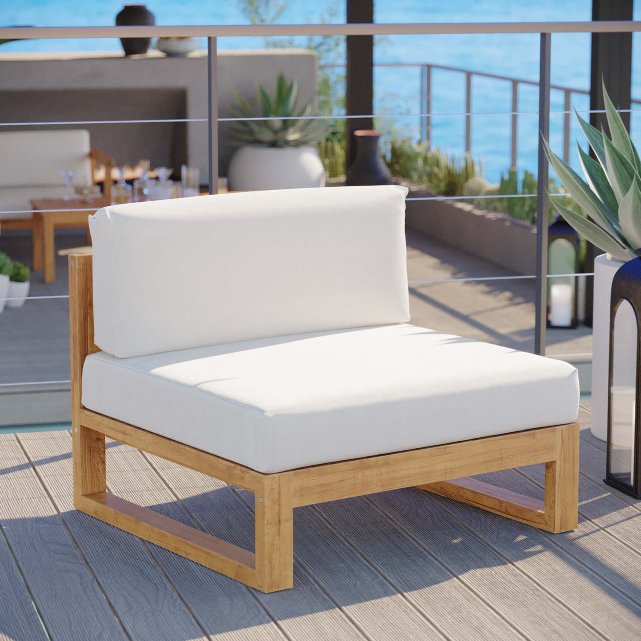 Rizer Alfresco Grade-A Teak Armless Chair | Outdoor Modular Sectional Component, Natural Wood & White