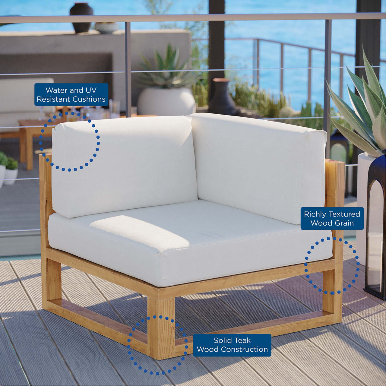 Rizer Alfresco Grade-A Teak Corner Chair | Outdoor Modular Sectional Component, Natural Wood & White