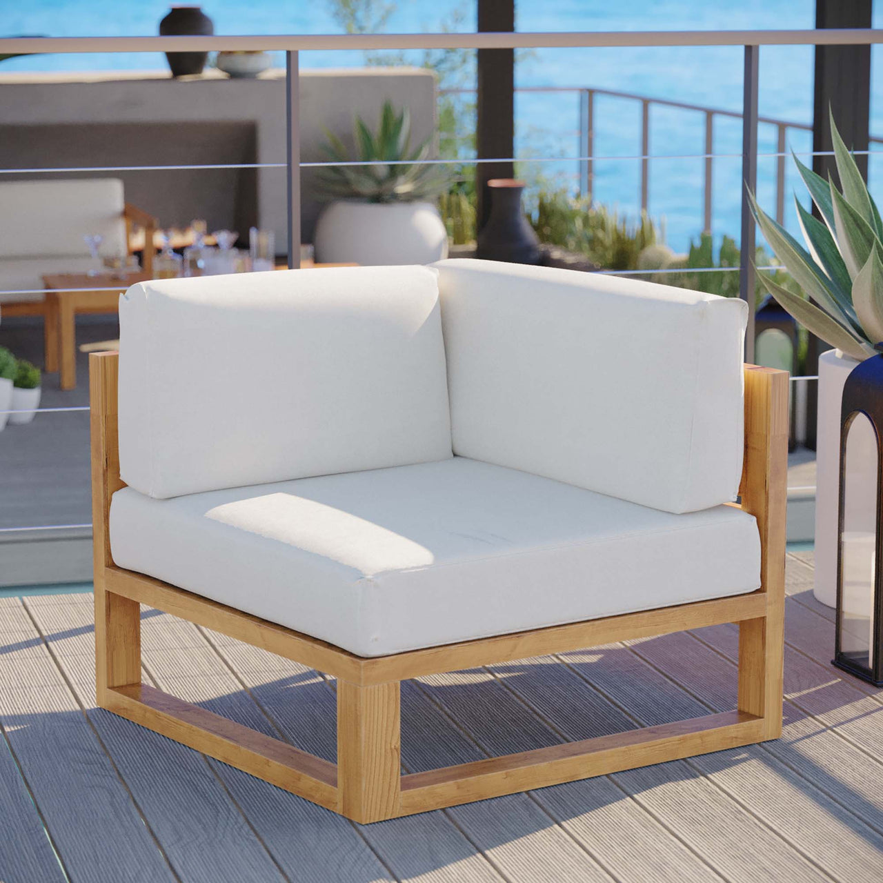 Rizer Alfresco Grade-A Teak Corner Chair | Outdoor Modular Sectional Component, Natural Wood & White