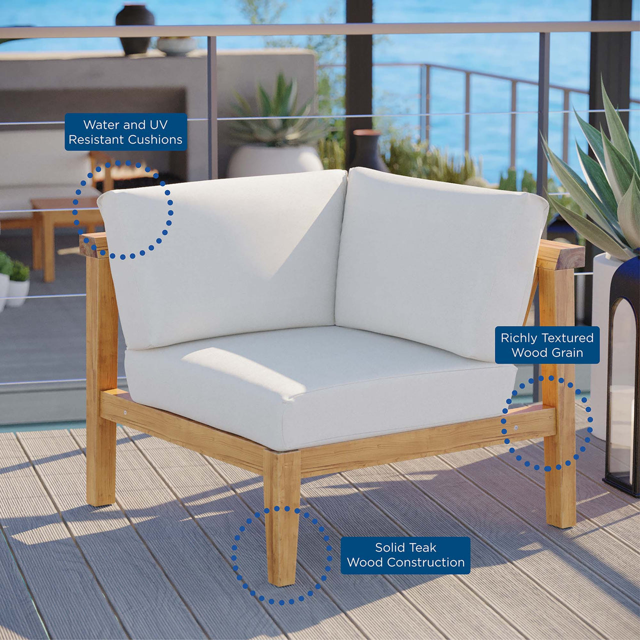 Brentford Alfresco Corner Chair | Outdoor Modular Sectional Component, Natural Wood & White