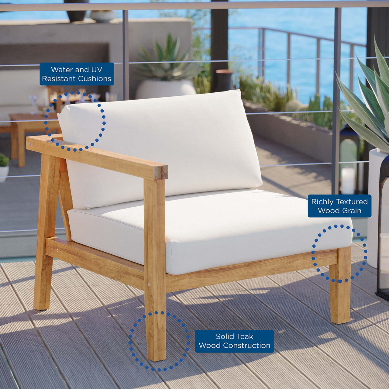 Brentford Alfresco Left-Arm Chair | Outdoor Modular Sectional Component, Natural Wood & White