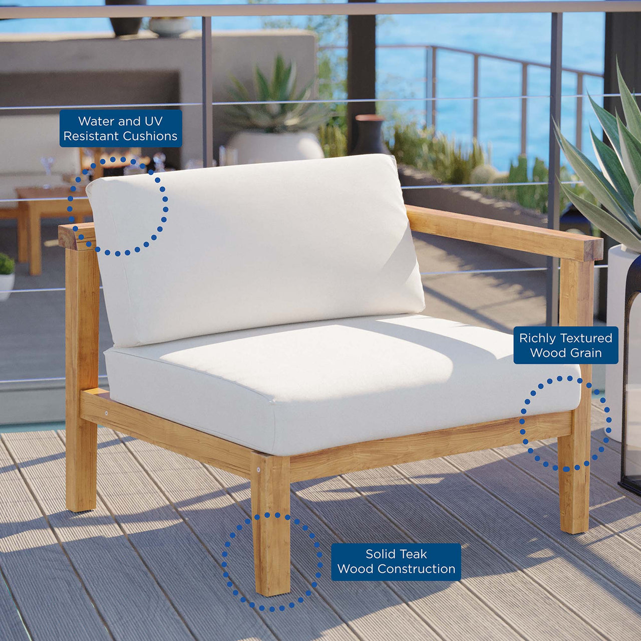 Brentford Alfresco Right-Arm Chair | Outdoor Modular Sectional Component, Natural Wood & White
