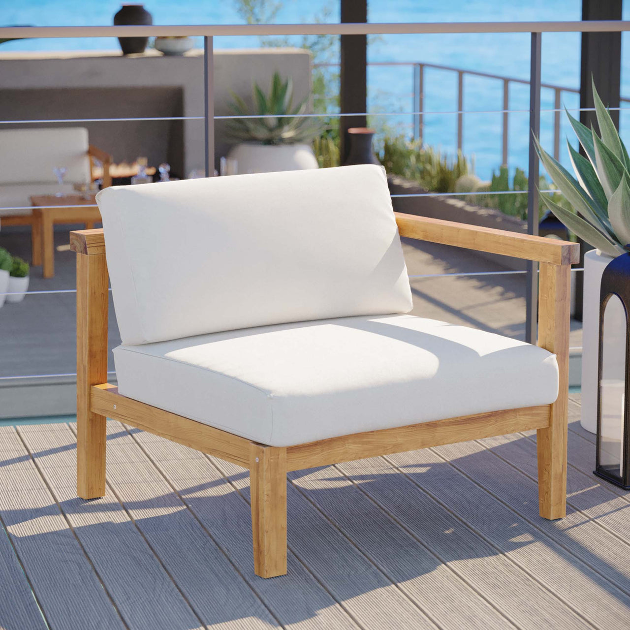 Brentford Alfresco Right-Arm Chair | Outdoor Modular Sectional Component, Natural Wood & White