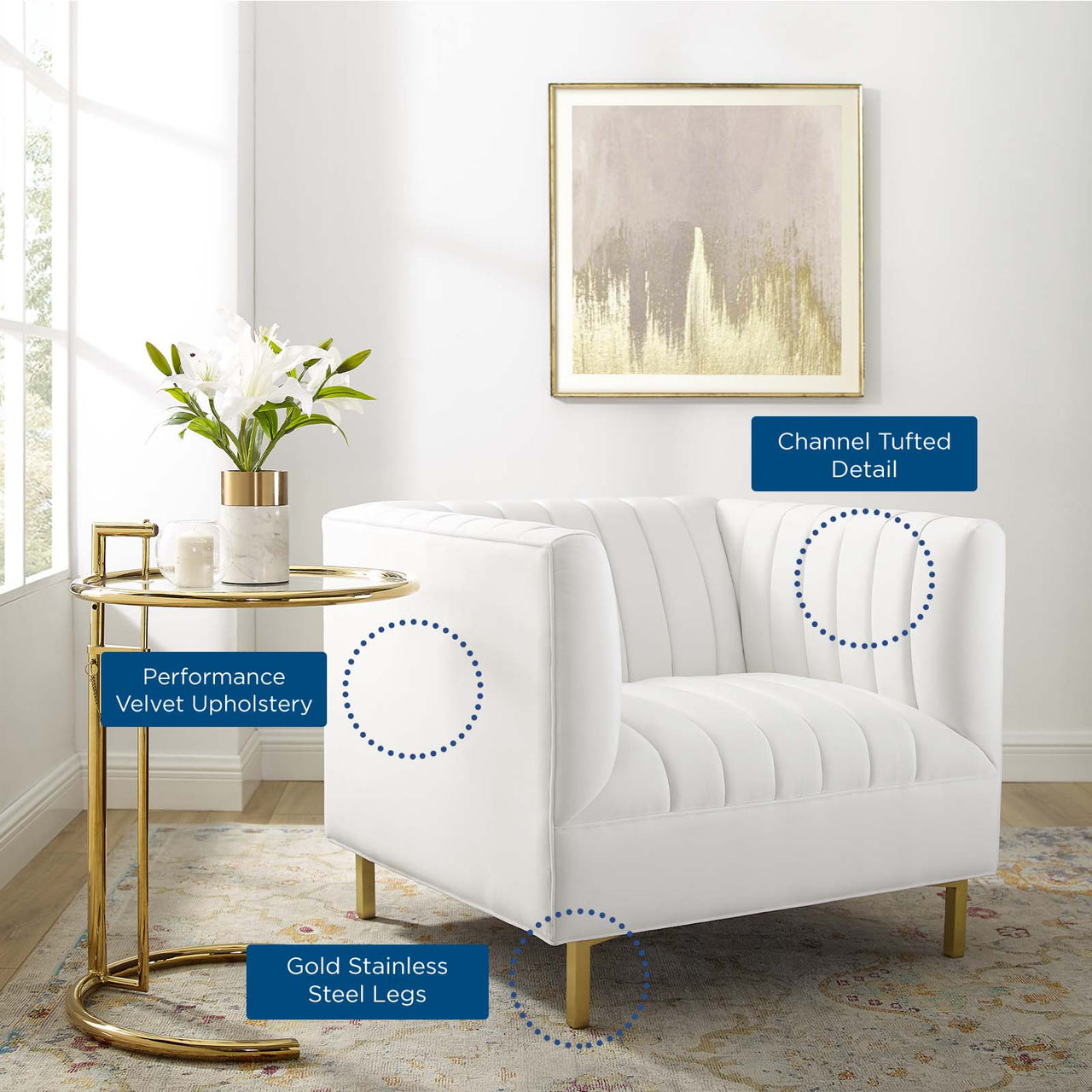 Dapper Upholstered Velvet Armchair, White