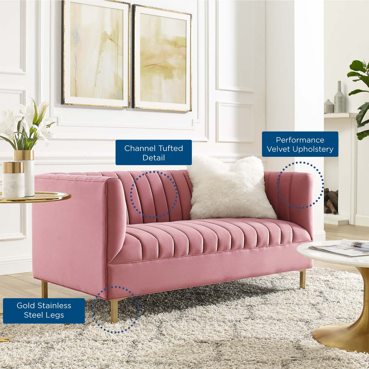 Dapper Upholstered Velvet Loveseat, Dusty Rose