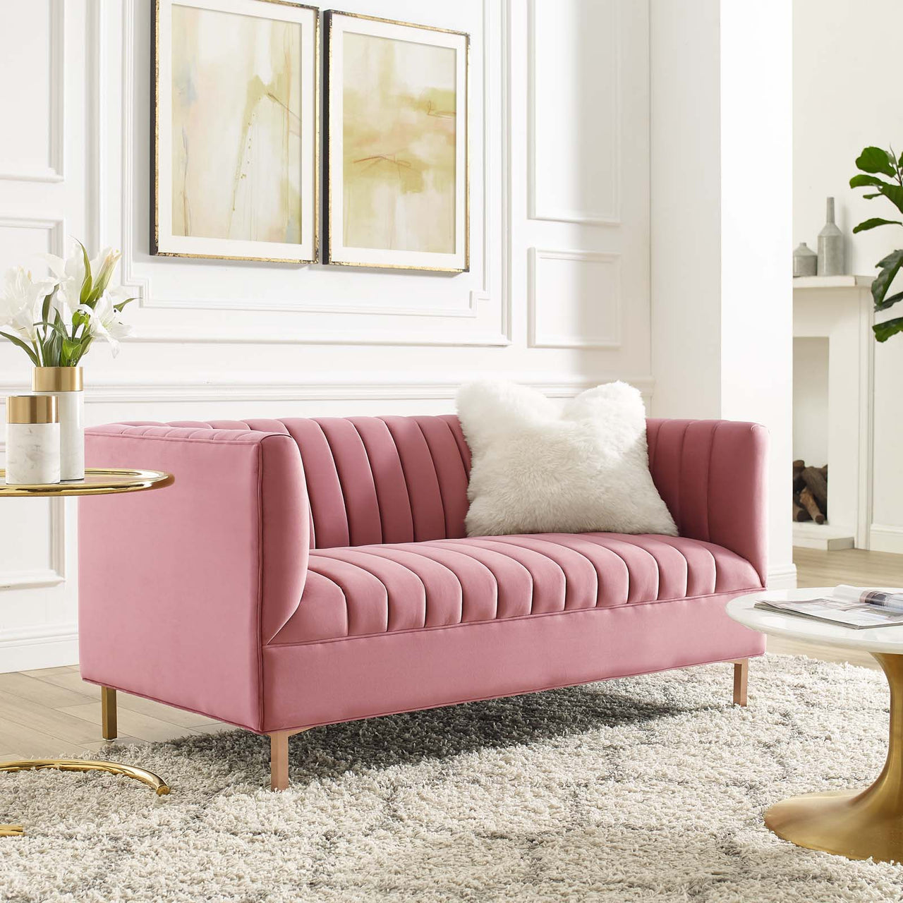 Dapper Upholstered Velvet Loveseat, Dusty Rose
