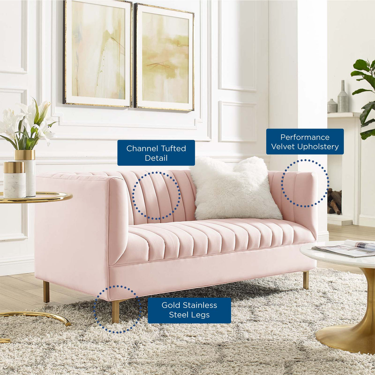 Dapper Upholstered Velvet Loveseat, Pink