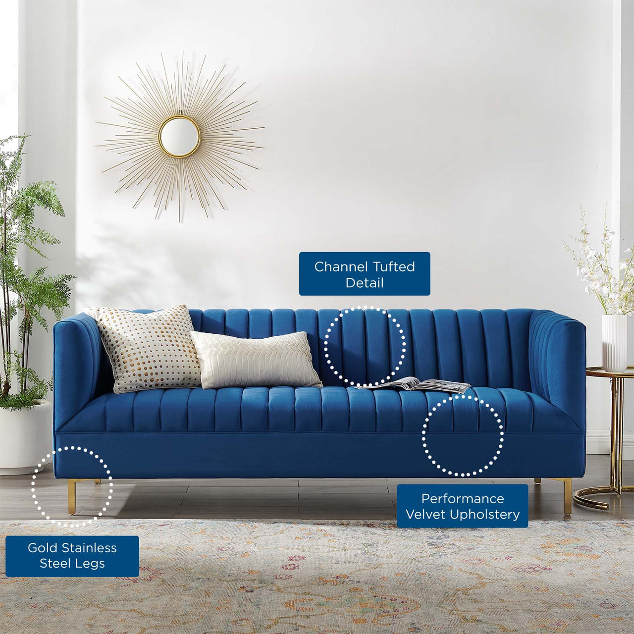 Dapper Upholstered Velvet Sofa, Navy