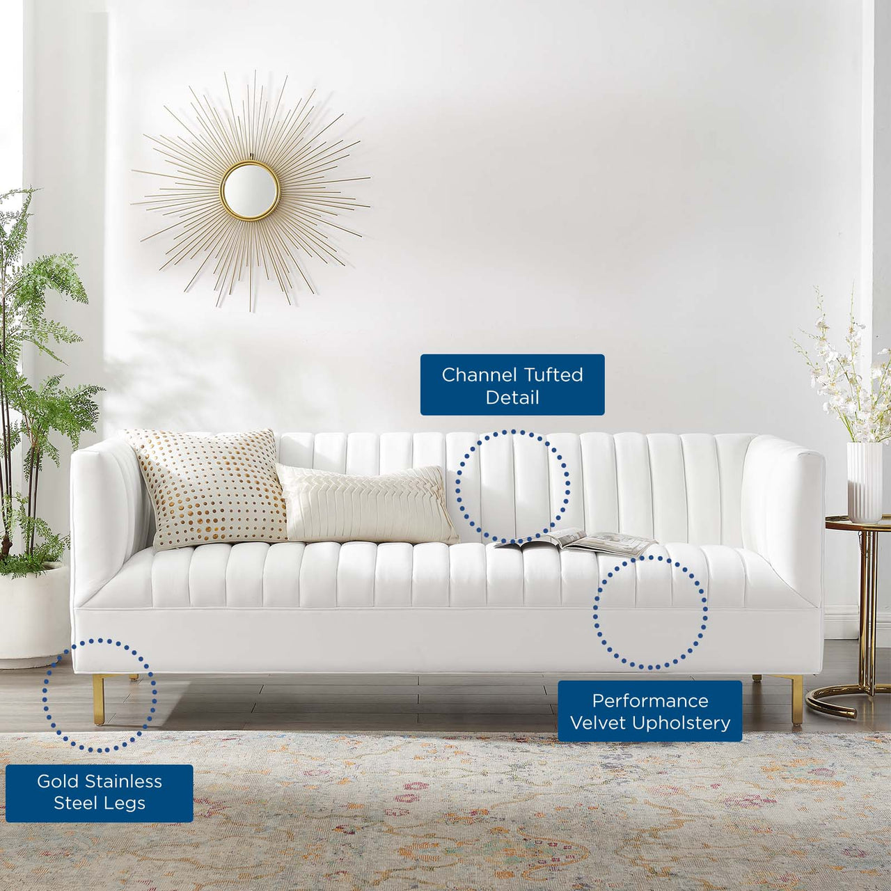 Dapper Upholstered Velvet Sofa, White