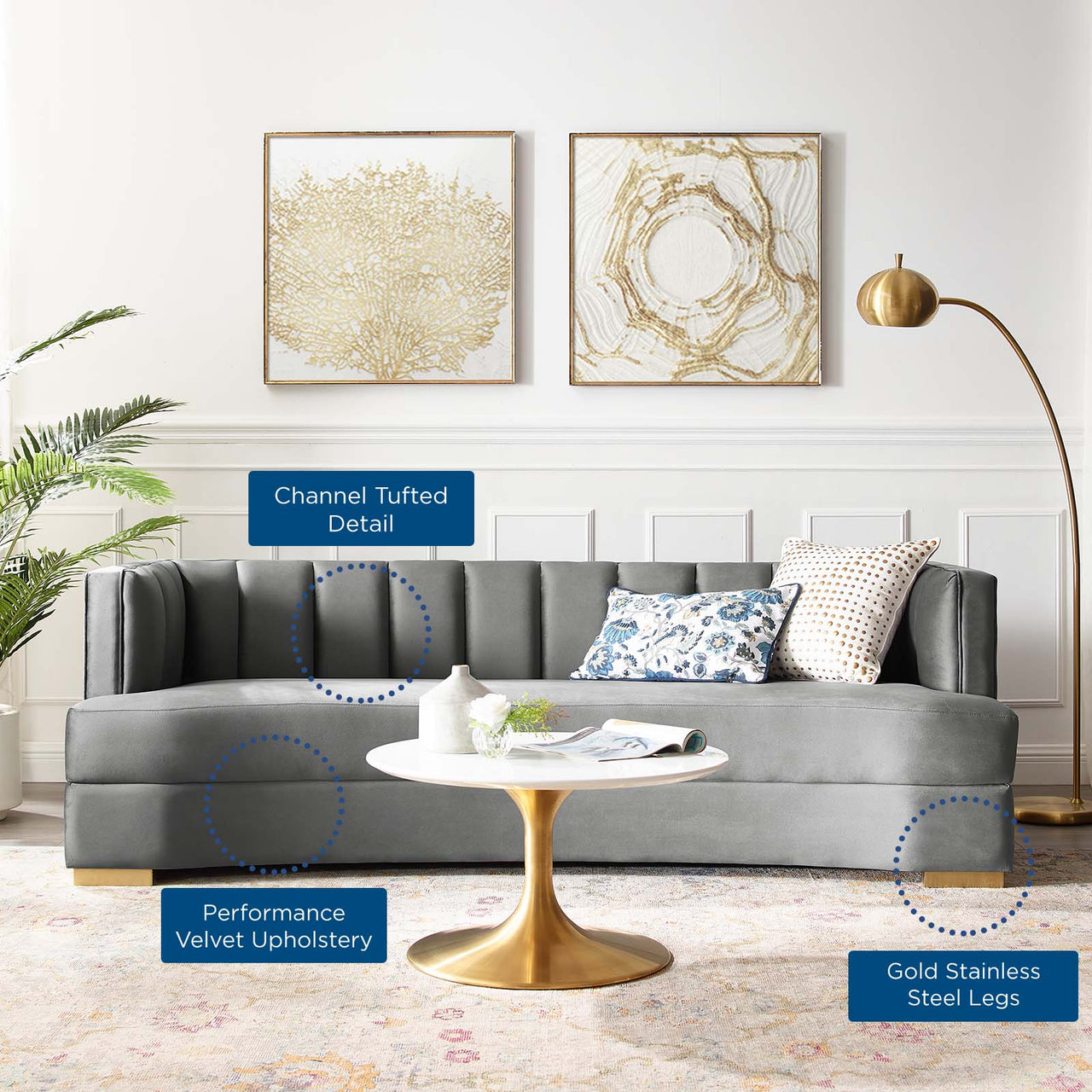 Corviere Velvet Sofa, Gray
