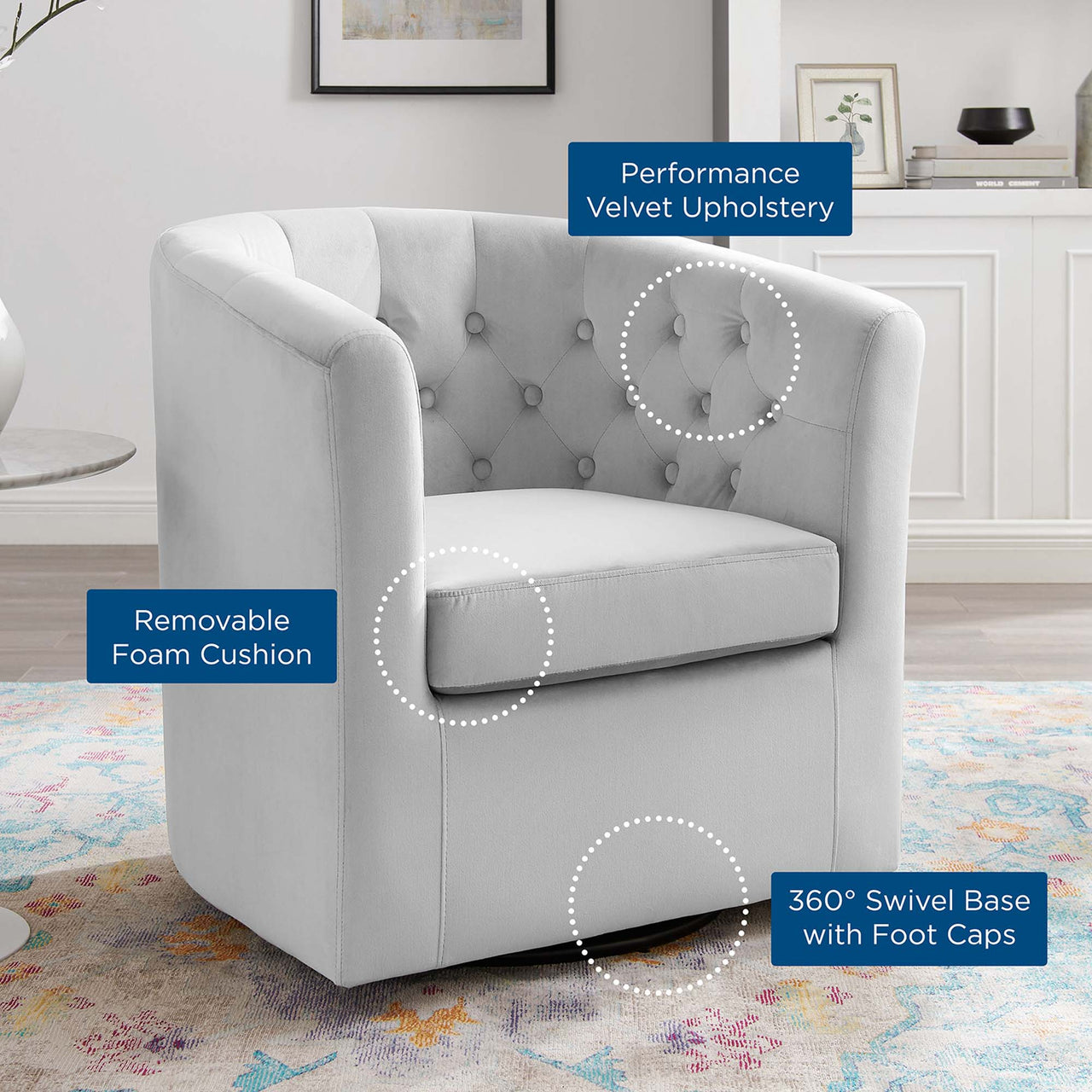 Alessa Upholstered Velvet Swivel Armchair, Light Gray