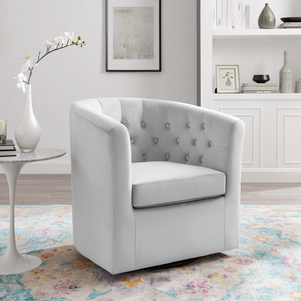 Alessa Upholstered Velvet Swivel Armchair, Light Gray