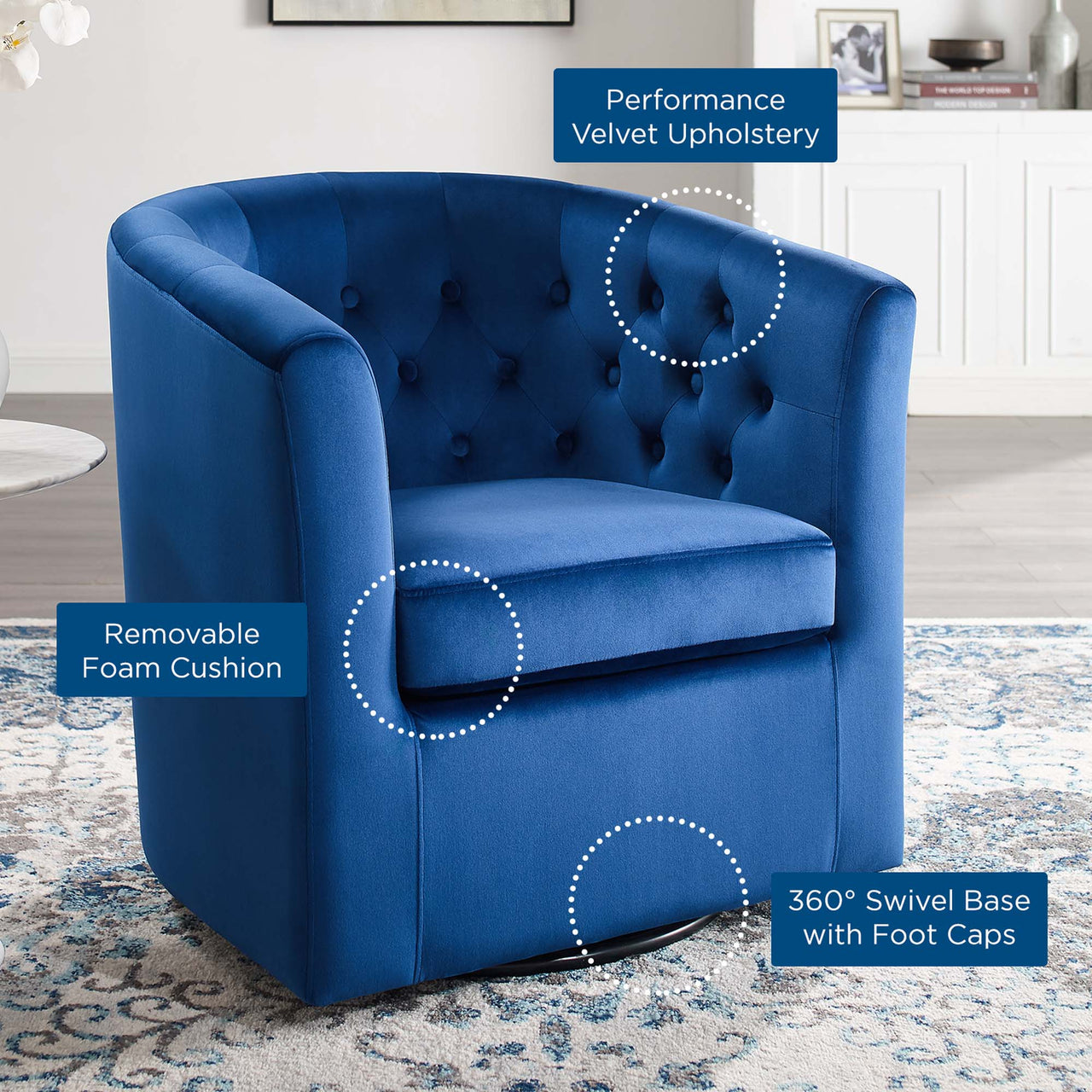Alessa Upholstered Velvet Swivel Armchair, Navy