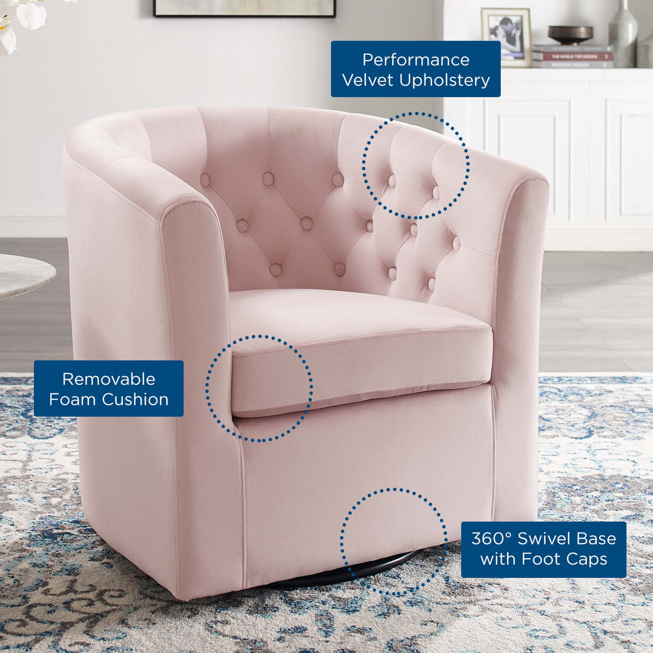 Alessa Upholstered Velvet Swivel Armchair, Pink