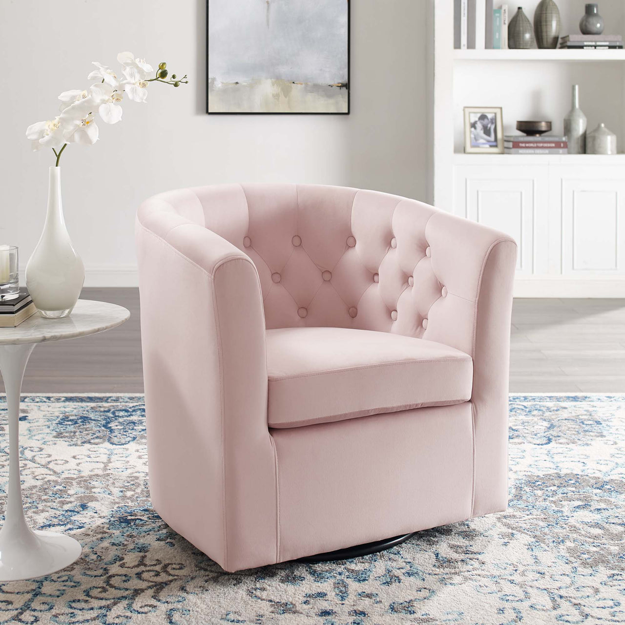 Alessa Upholstered Velvet Swivel Armchair, Pink