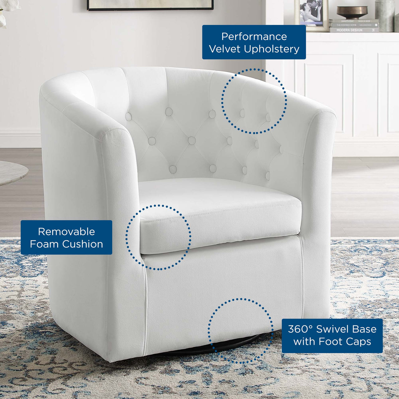 Alessa Upholstered Velvet Swivel Armchair, White