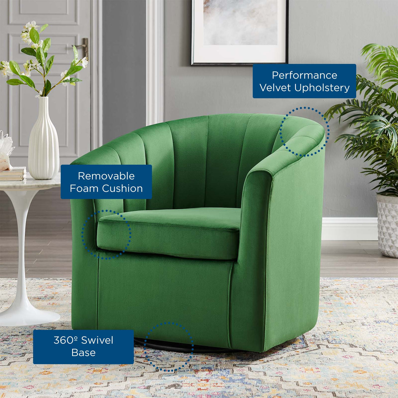Alessa Upholstered Velvet Swivel Armchair, Emerald