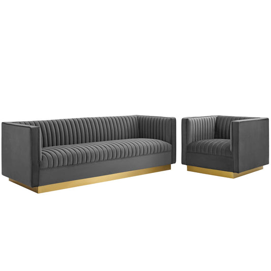 Vladimir Velvet Sofa & Armchair Set, Gray