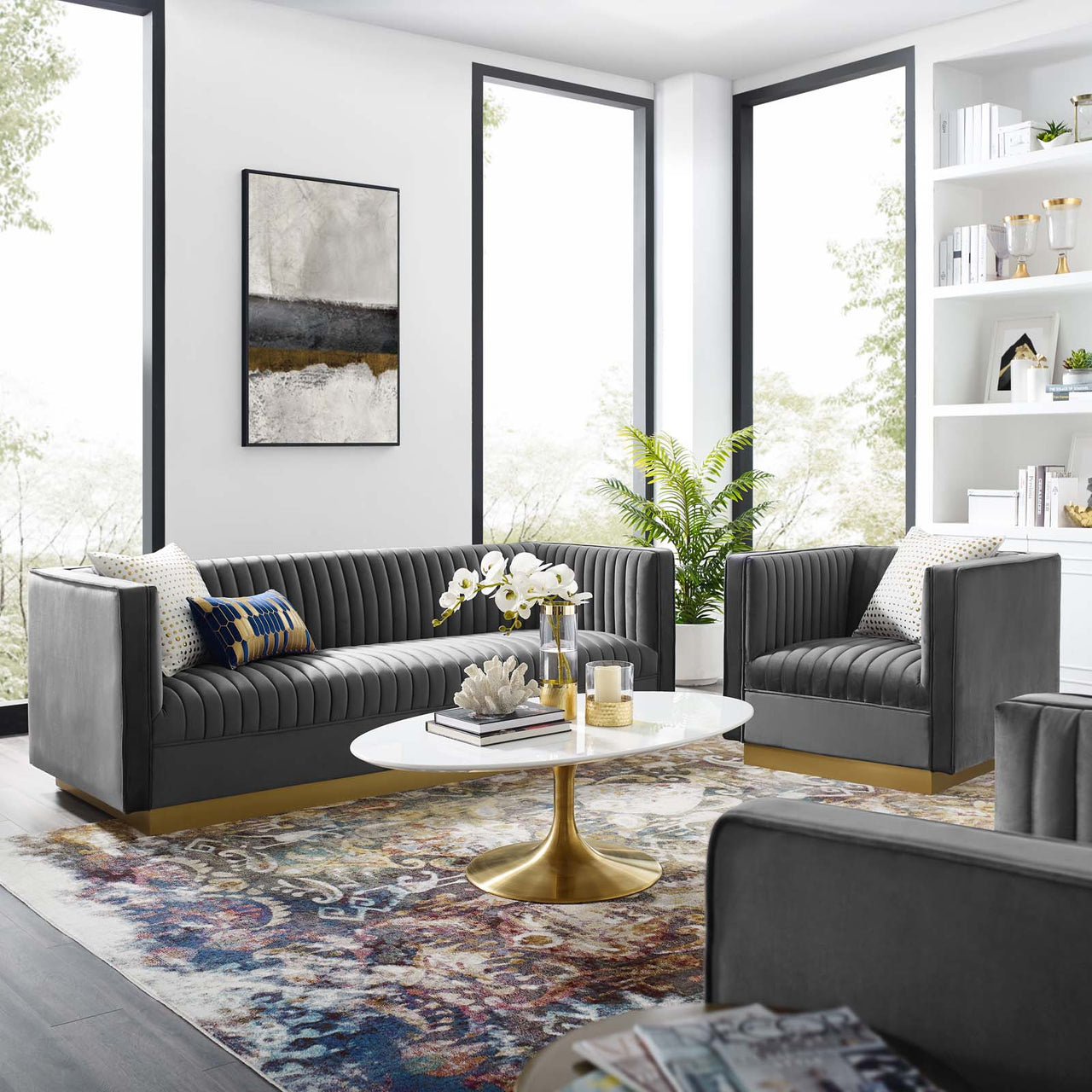 Vladimir Velvet Sofa & Armchair Set, Gray