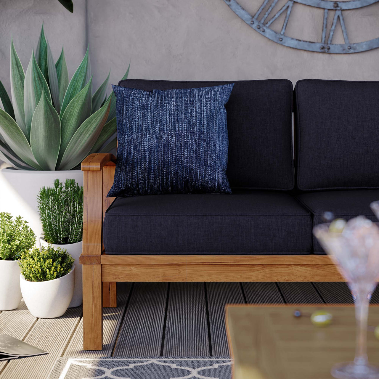 Shorehaven Alfresco Sofa, Natural Wood & Navy