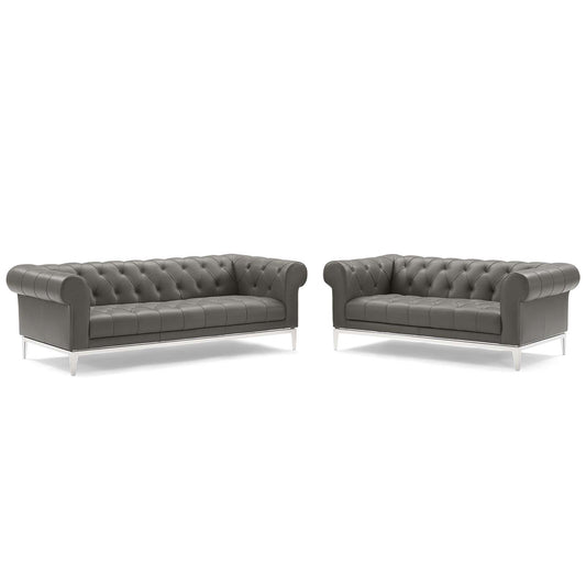 Idyll Tufted Upholstered Leather Sofa and Loveseat Set, Gray