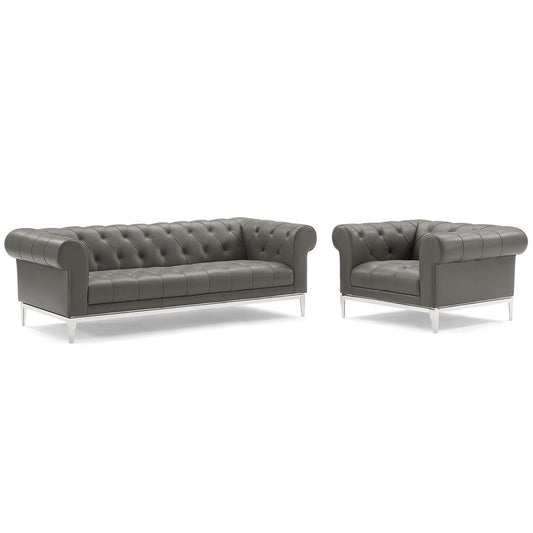 Idyll Tufted Upholstered Leather Sofa and Armchair Set, Gray