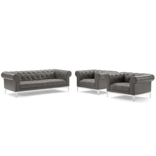 Idyll 3 Piece Tufted Upholstered Leather Set, Gray