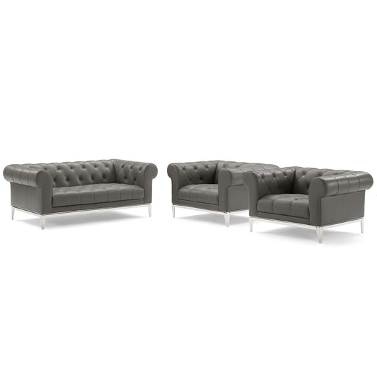 Idyll 3 Piece Tufted Upholstered Leather Set, Gray