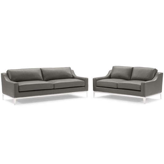 Harness Stainless Steel Base Leather Sofa and Loveseat Set, Gray