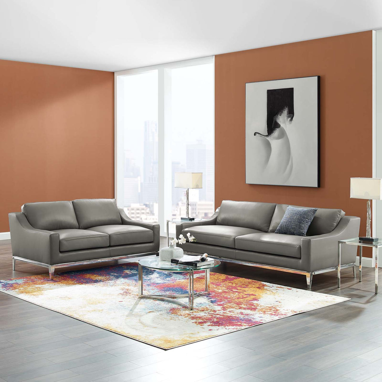 Strathor Leather Sofa & Loveseat Set, Gray