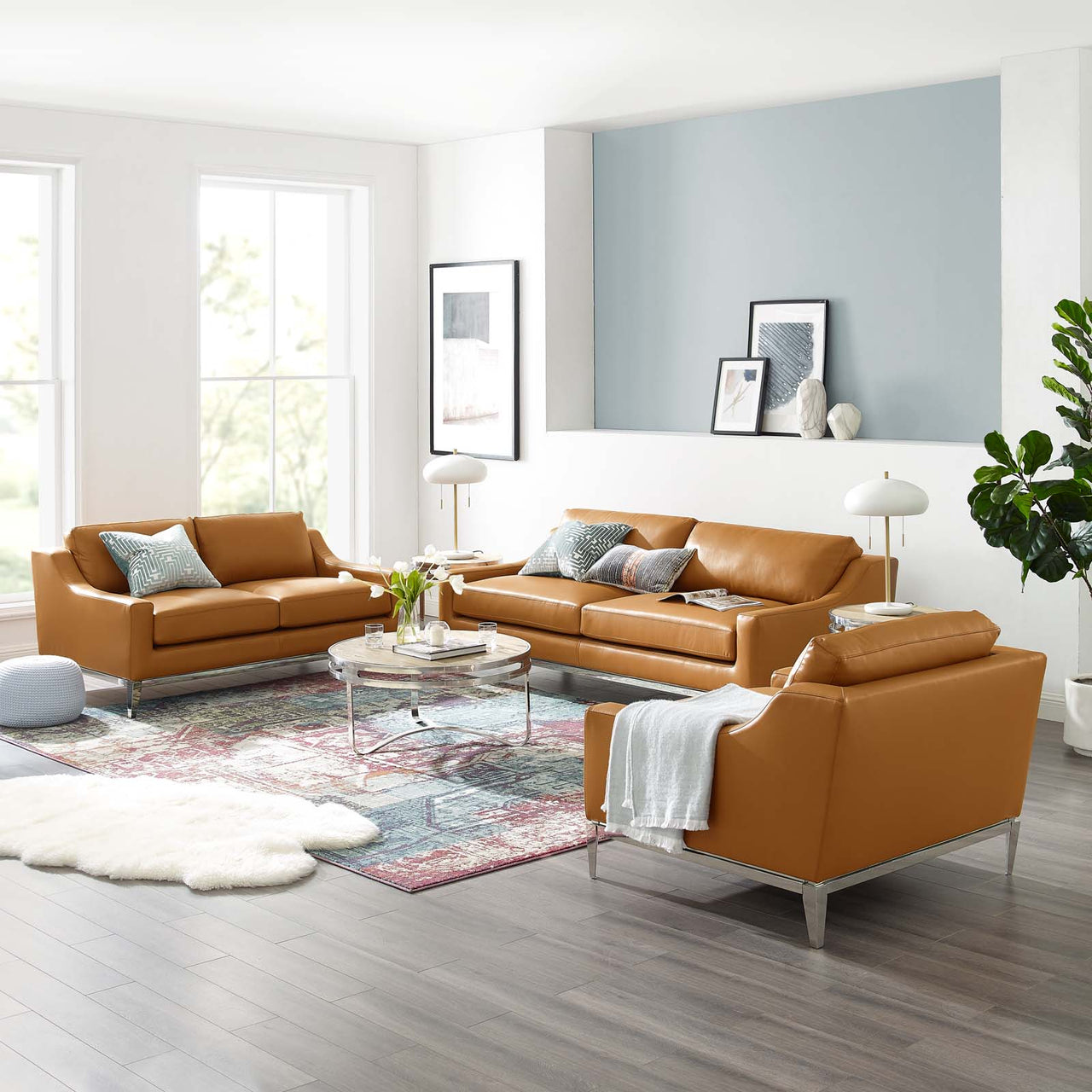 Strathor 3-Piece Leather Lounging Set, Tan