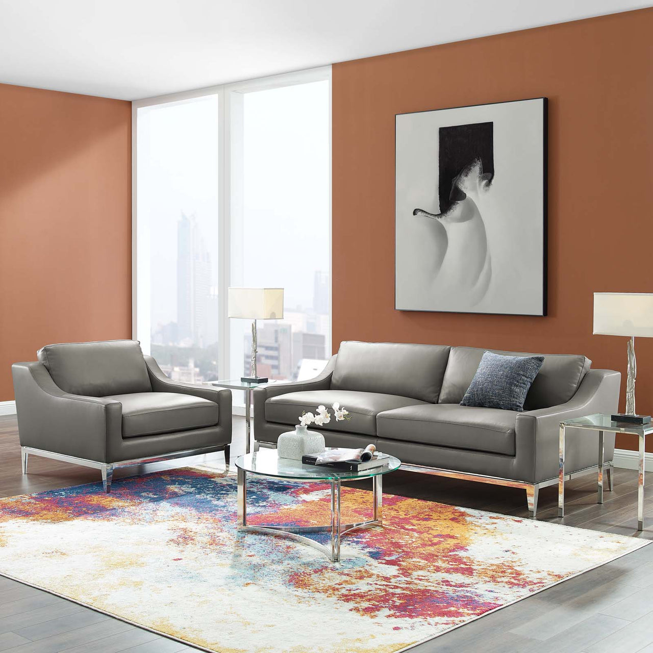 Strathor Leather Sofa & Armchair Set, Gray