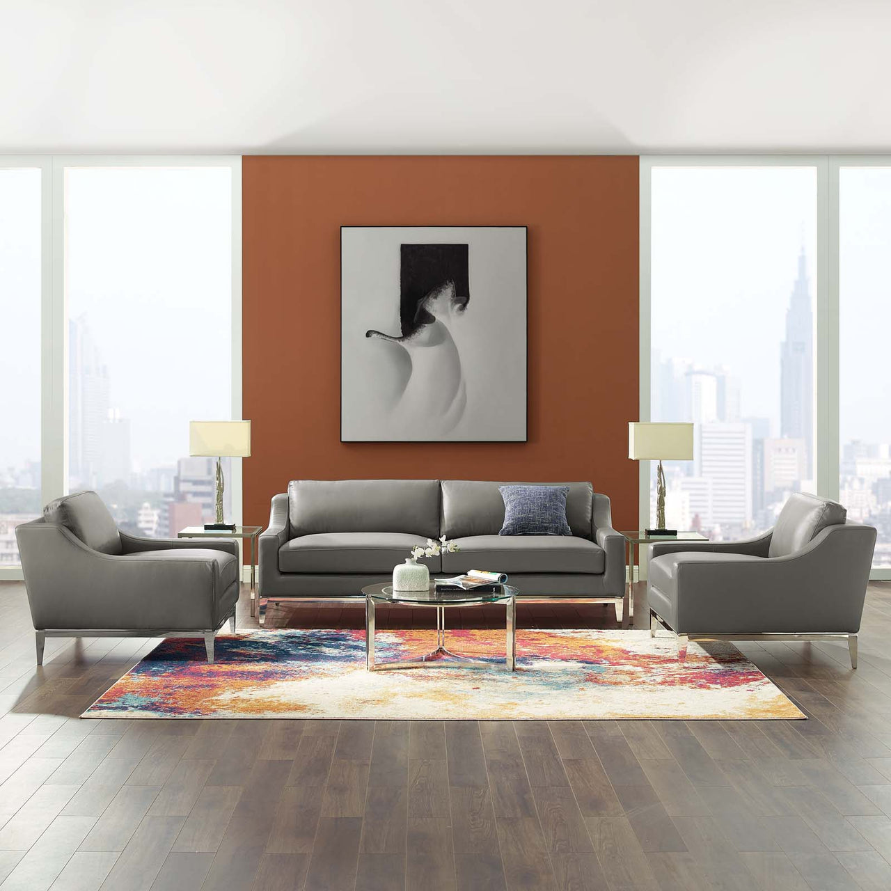 Strathor 3-Piece Leather Lounging Set, Gray
