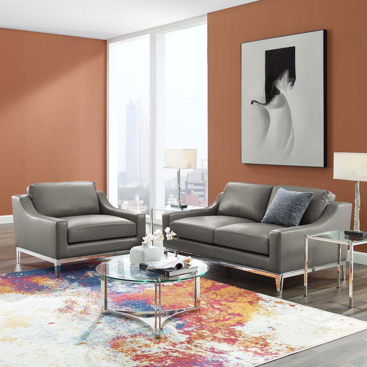Strathor Leather Loveseat & Armchair Set, Gray