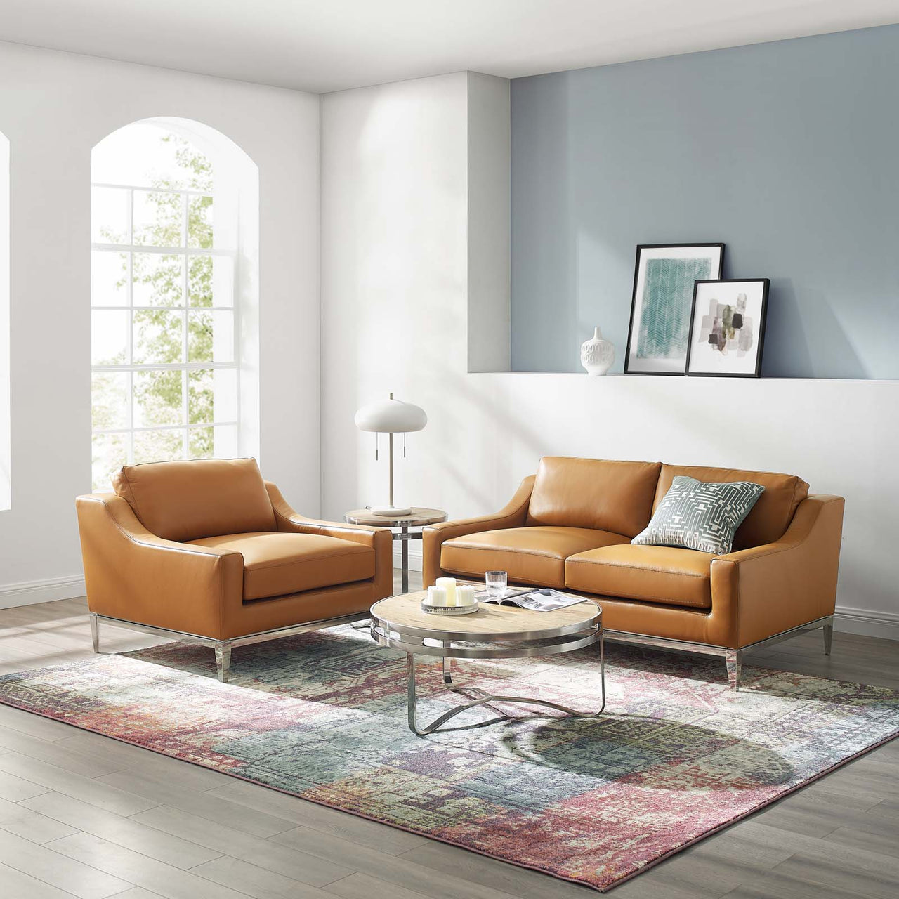 Strathor Leather Loveseat & Armchair Set, Tan