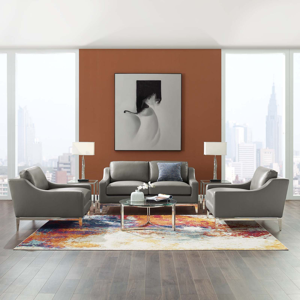 Strathor 3-Piece Leather Lounging Set, Gray