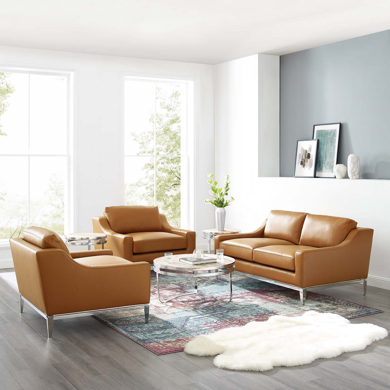 Strathor 3-Piece Leather Lounging Set, Tan