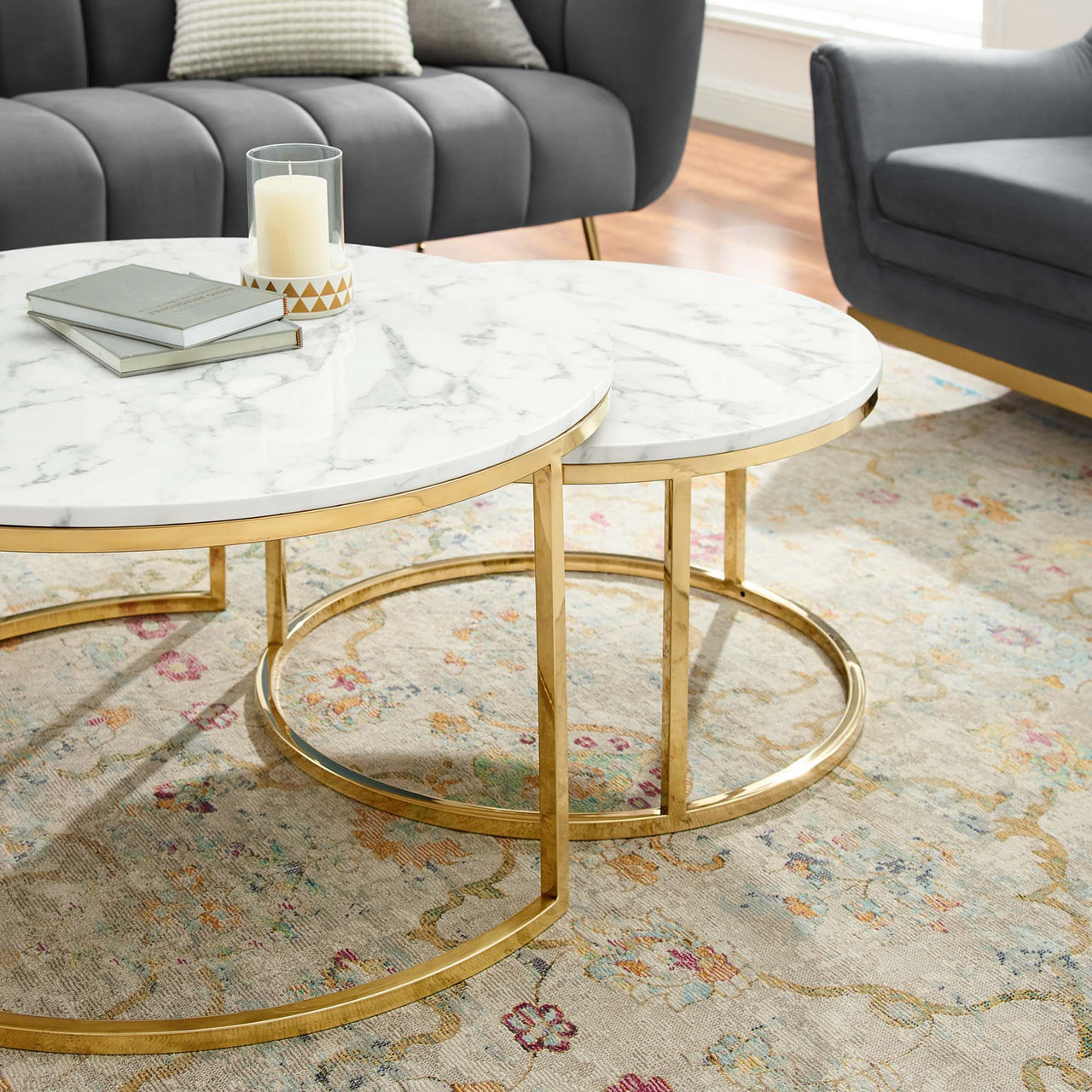 Ravenna Artificial Marble Nesting Coffee Table, Gold & White