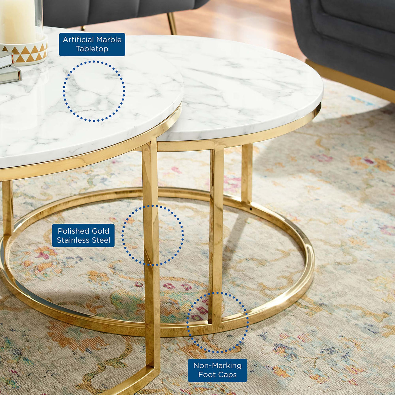 Ravenna Artificial Marble Nesting Coffee Table, Gold & White